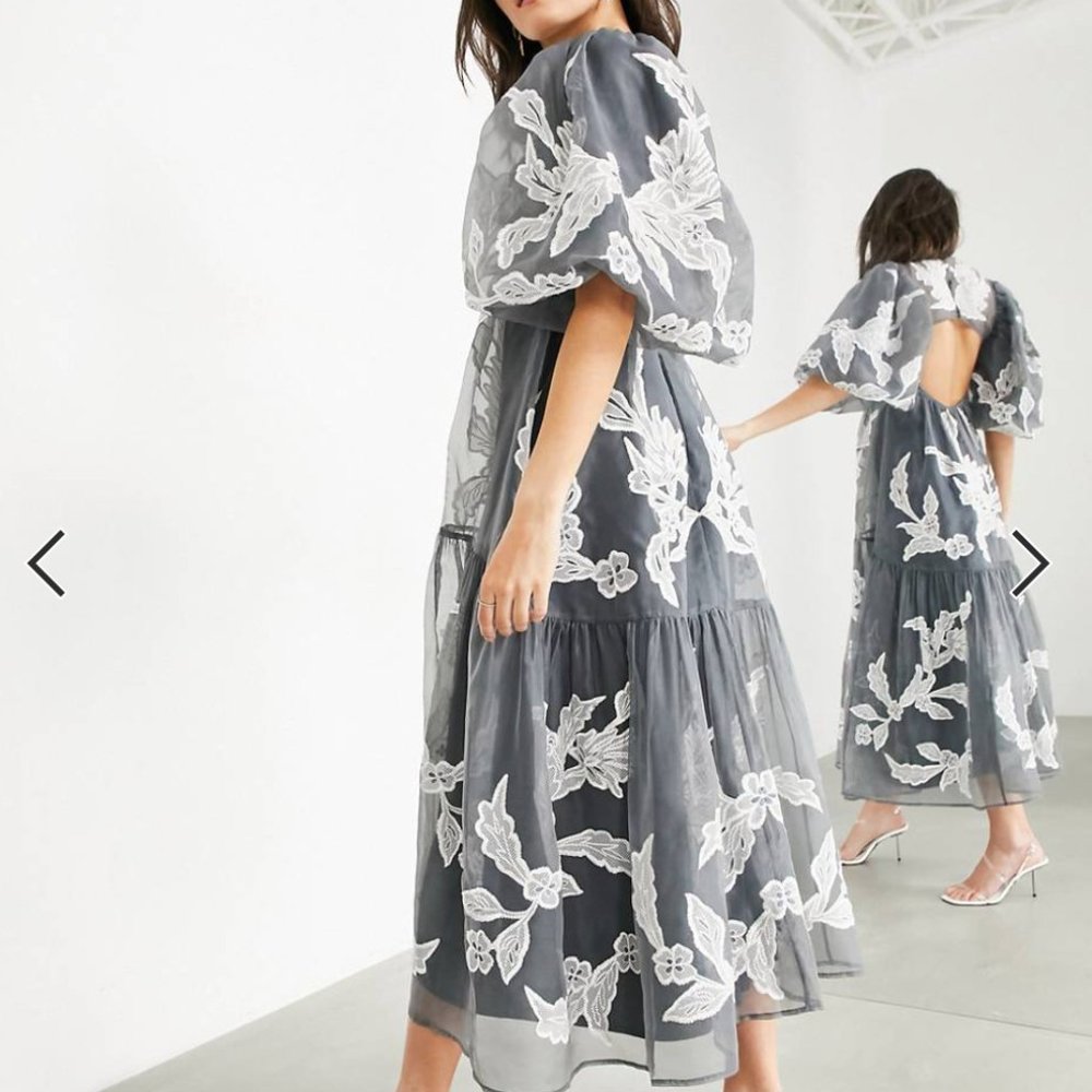 ASOS EDITION smock dress with placement applique embroidery in slate gray